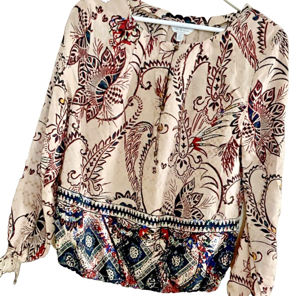 Lucky Brand Shirt Top Small Blouse Long Sleeve Boho Tribal Aztec Beige Women